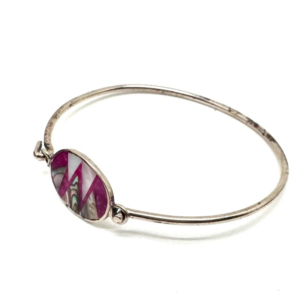 Vintage Alpaca Silver Bangle Bracelet with Mother-of-Pearl Abalone Shell Inlay